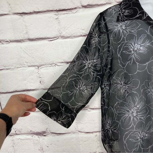 Rebecca Malone Blouse SZ PL Sheer Black and White Floral Lightweight Flowy Fit - Picture 3 of 12
